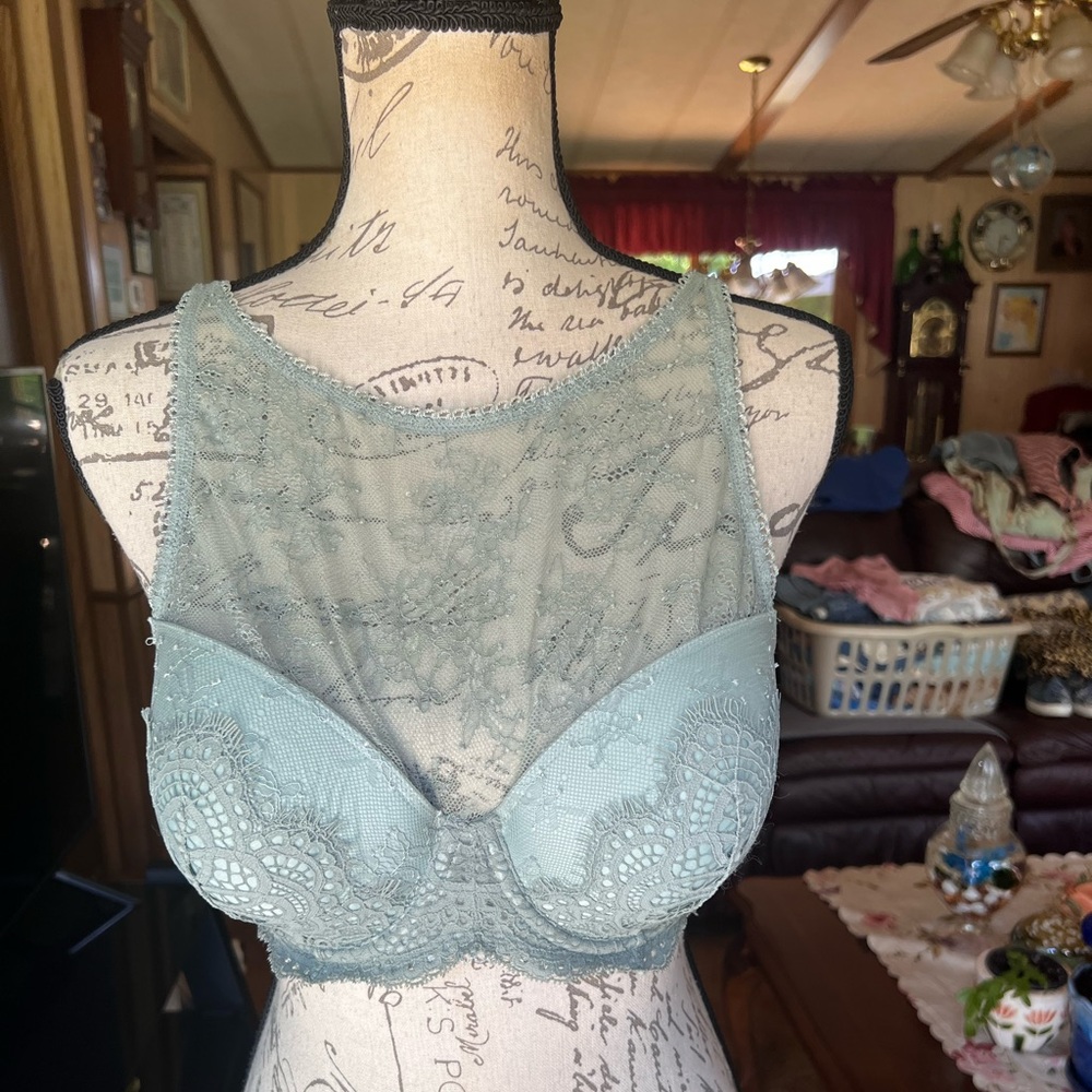 VICTORIAS SECRET Dream Angels Demi Plunge Padded Bra Lace 36D GREEN.